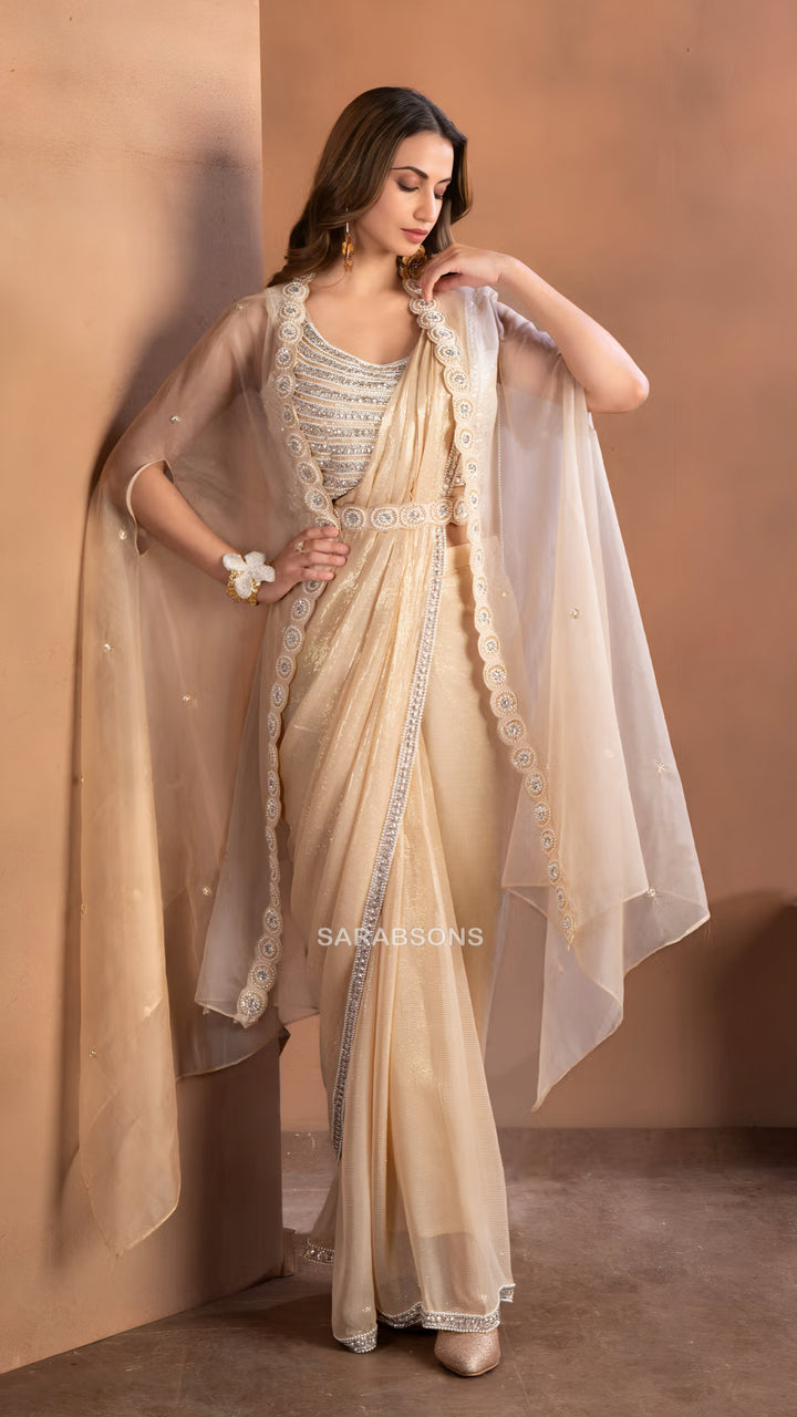 Champagne Gold Indo-Western Ready-to-Wear Draped Saree with Belt and Cape Set
