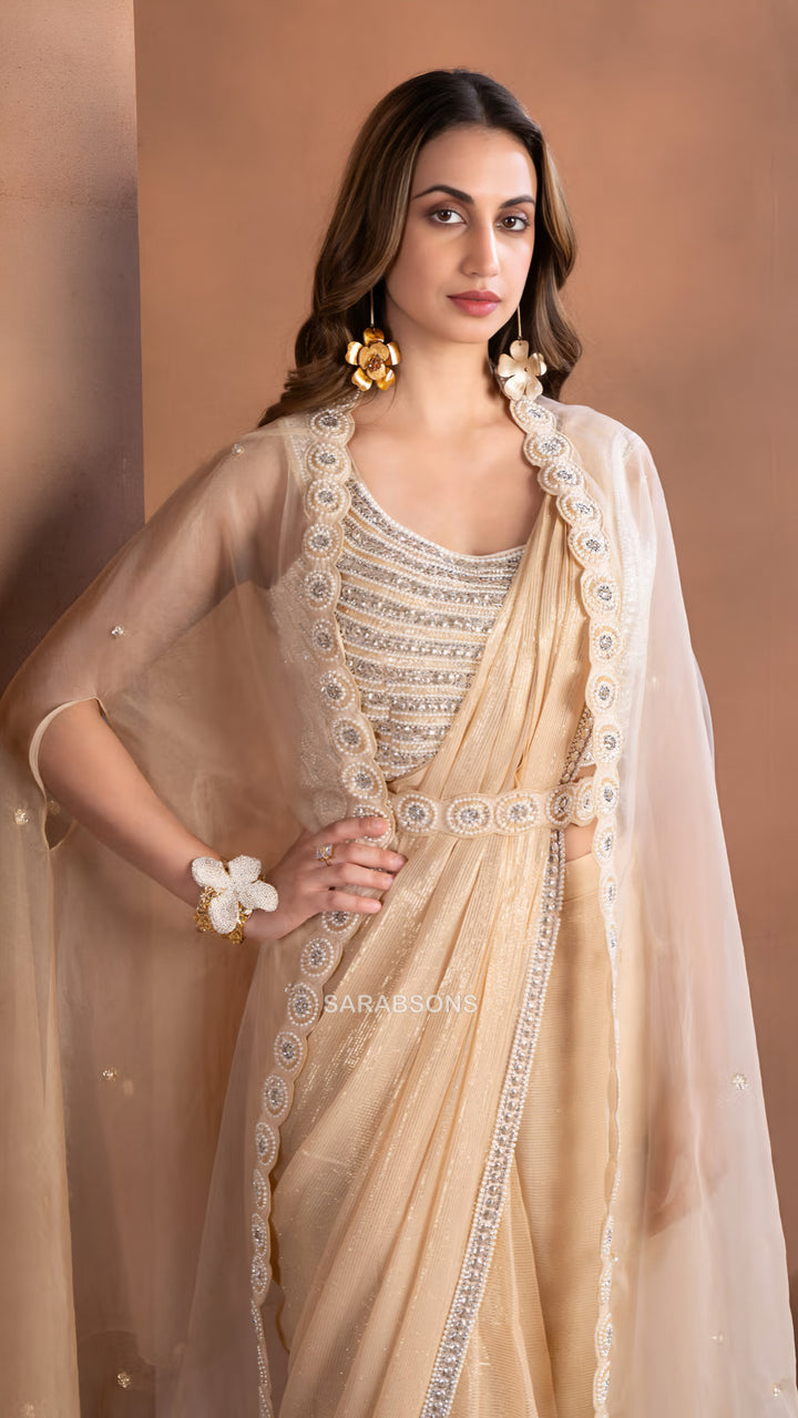 Champagne Gold Indo-Western Ready-to-Wear Draped Saree with Belt and Cape Set
