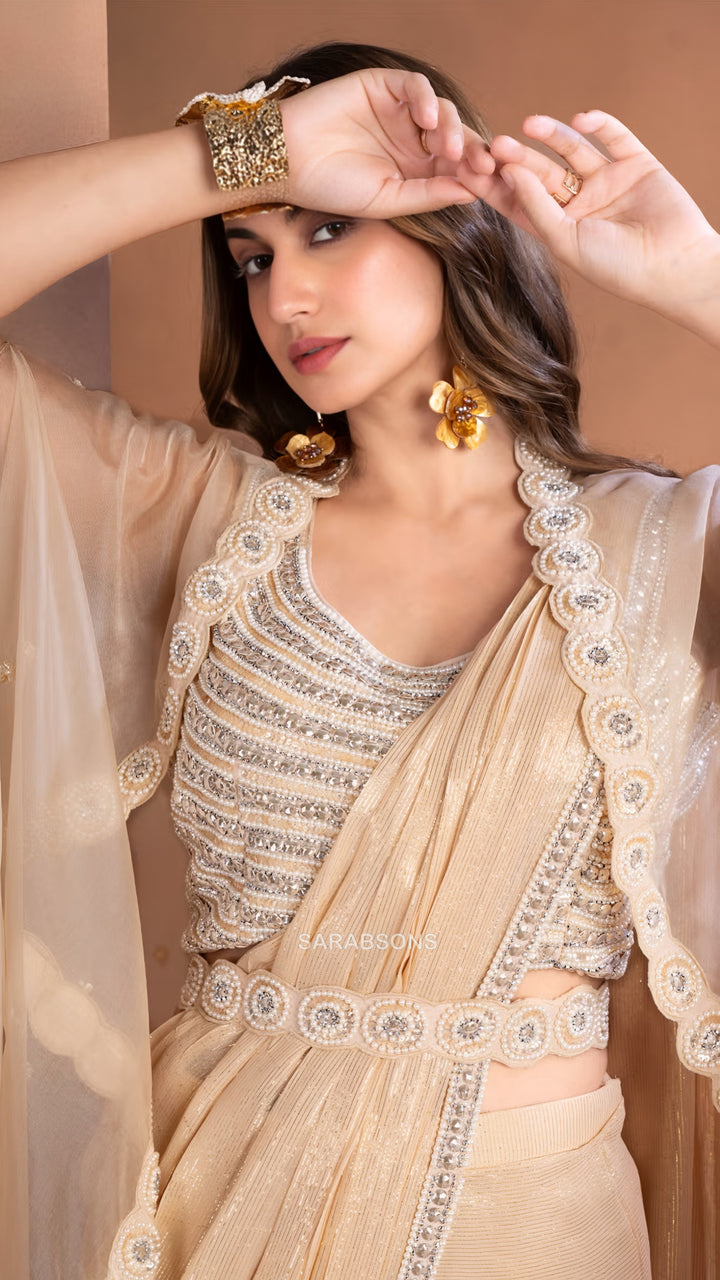 Champagne Gold Indo-Western Ready-to-Wear Draped Saree with Belt and Cape Set

