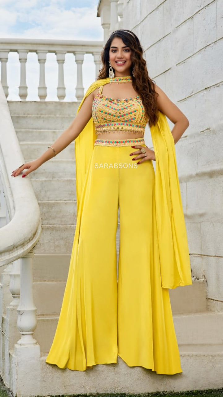 Chic Lemon Yellow Indo-Western Spaghetti Strap Crop Top Palazzo with Choker Dupatta Set
