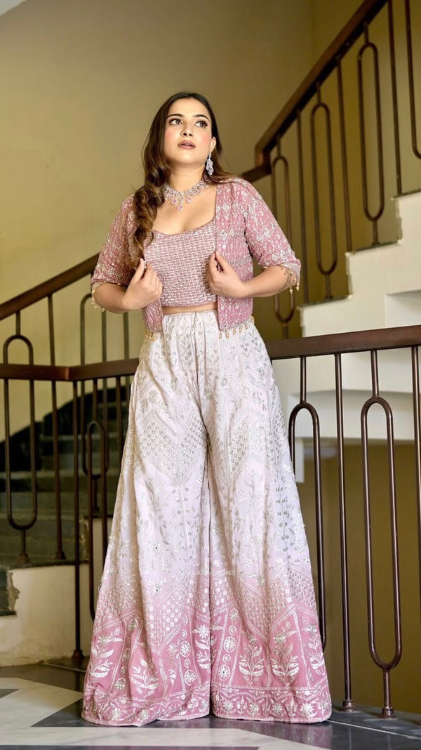 Coral Pink Ombre Indowestern Strappy Crop Top Palazzo with Jacket Set