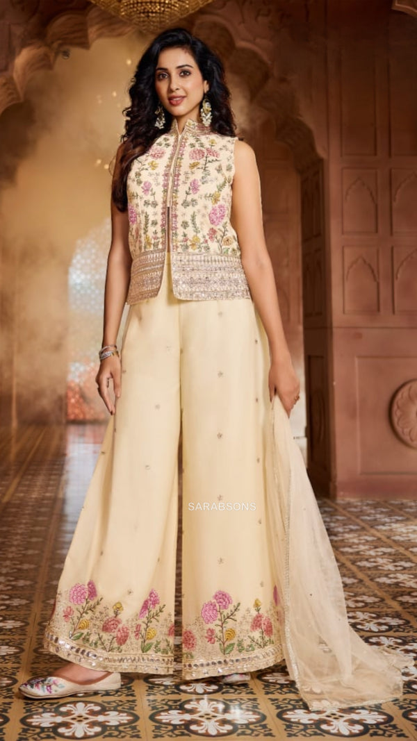 Cream Indo-Western Short Kurti Palazzo Suit Set
