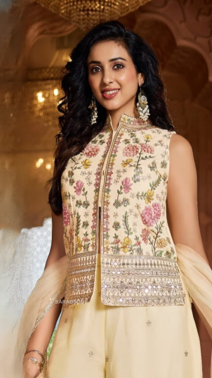 Cream Indo-Western Short Kurti Palazzo Suit Set
