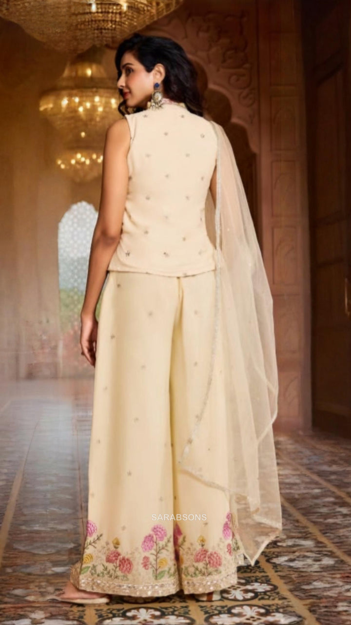 Cream Indo-Western Short Kurti Palazzo Suit Set

