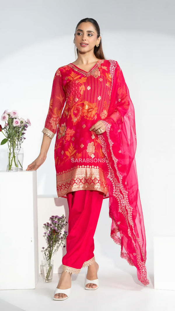 Crimson Blossom Fuchsia Pink Farshi Salwar Suit Set
