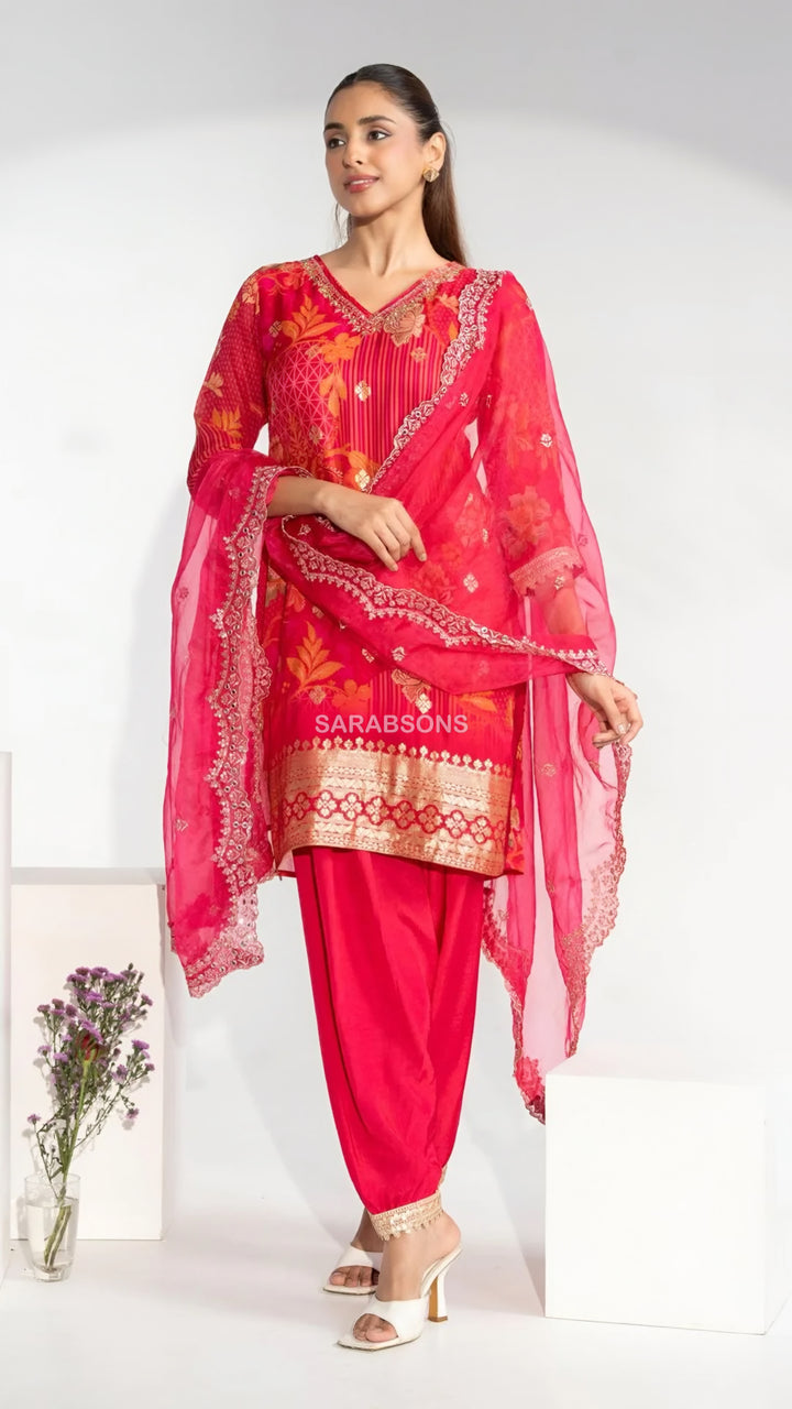 Crimson Blossom Fuchsia Pink Farshi Salwar Suit Set
