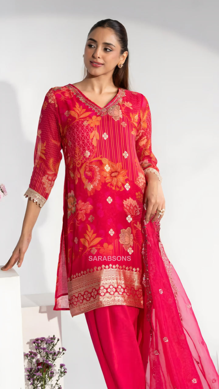 Crimson Blossom Fuchsia Pink Farshi Salwar Suit Set
