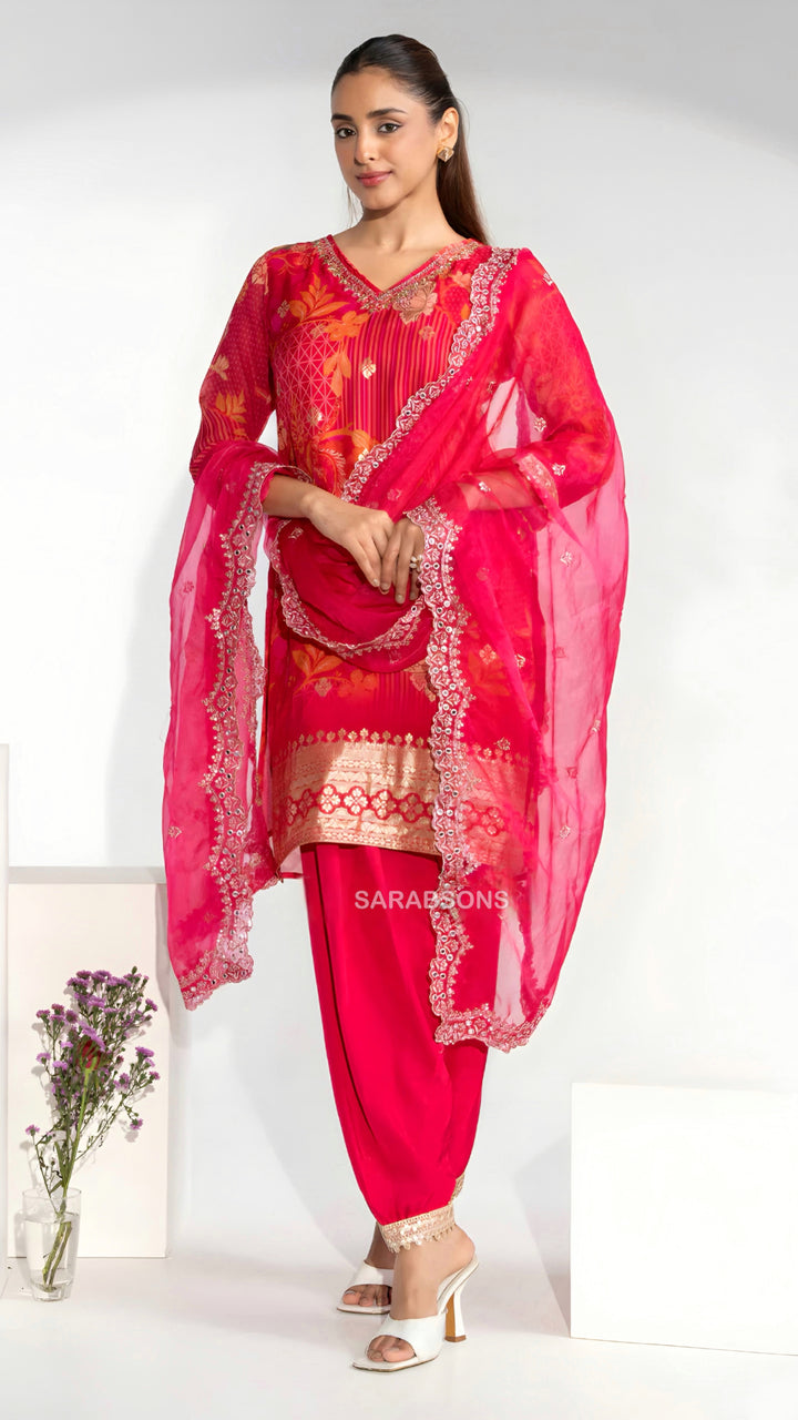 Crimson Blossom Fuchsia Pink Farshi Salwar Suit Set
