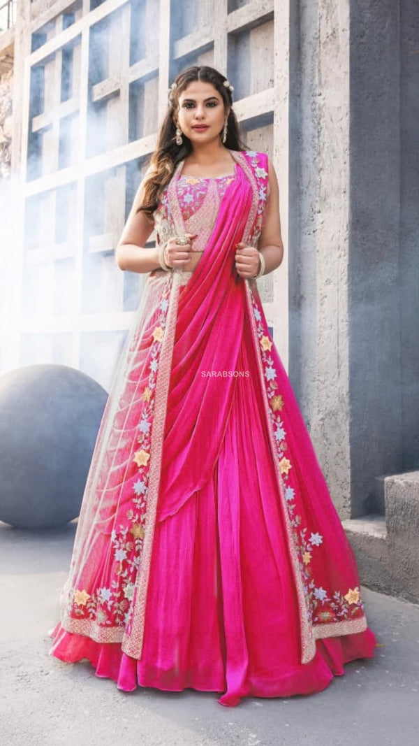 Hot Pink Indowestern Lehenga Saree with Shrug