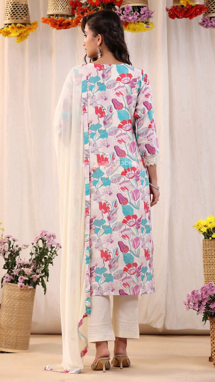 Ivory Printed Cotton Suit- Pants Set