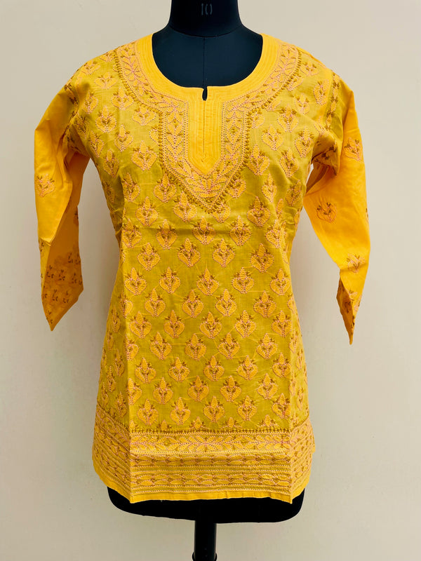 Lucknowi Chikankari Short Kurti Mustard Yellow Cotton