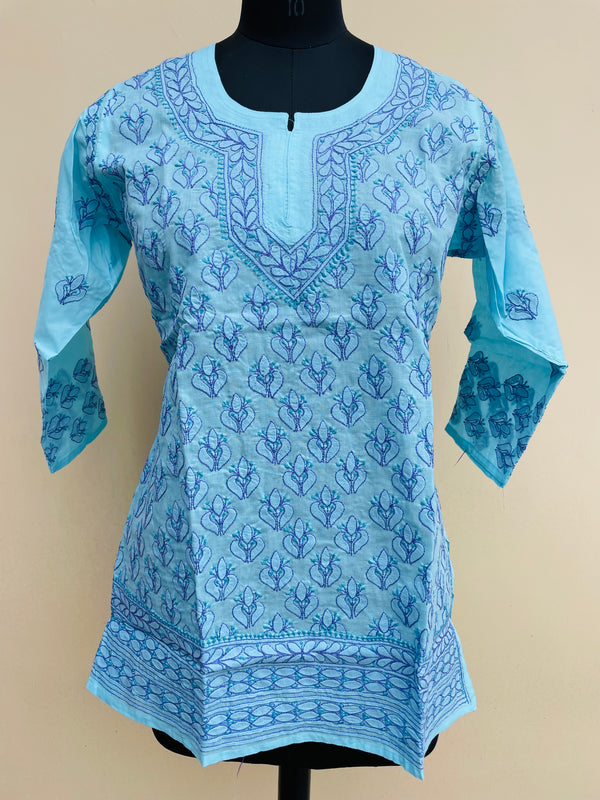 Lucknowi Chikankari Short Kurti Blue Cotton