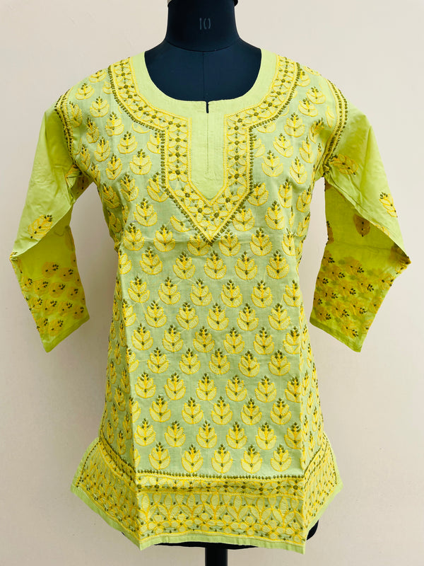 Lucknowi Chikankari Short Kurti Green Cotton