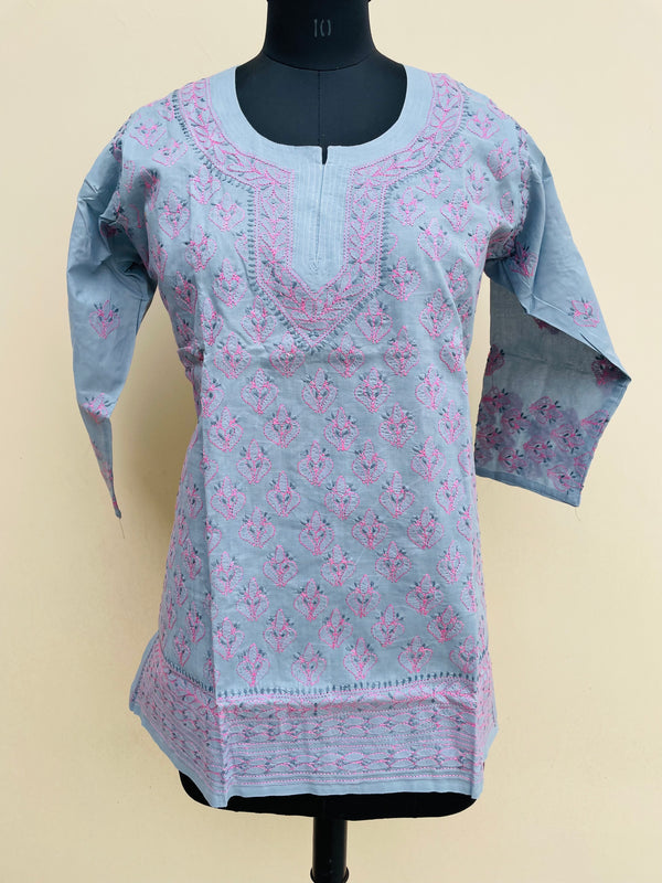 Lucknowi Chikankari Short Kurti Gray Cotton