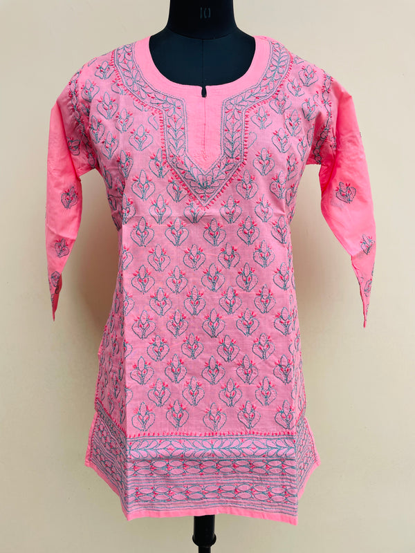 Lucknowi Chikankari Short Kurti Pink Cotton