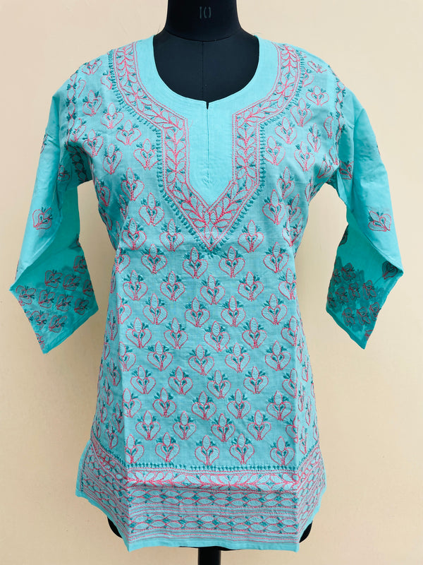 Lucknowi Chikankari Short Kurti Sea Green Cotton