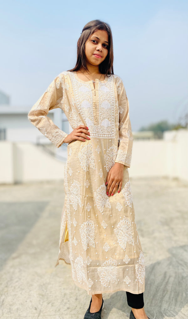 Lucknowi Chikankari Kurti Beige Tissue