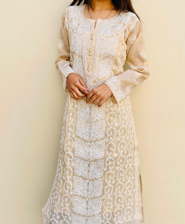 Lucknowi Chikankari Kurti Beige Tissue