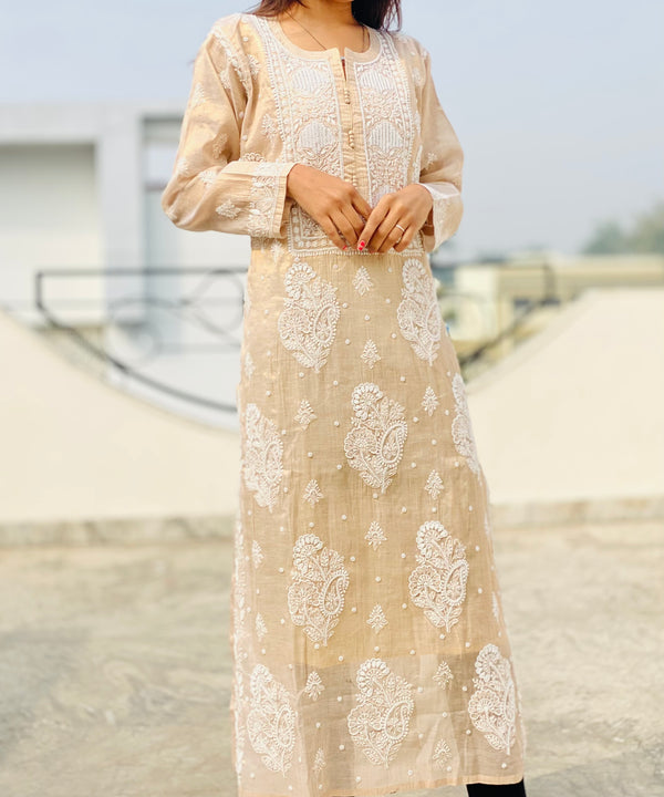 Lucknowi Chikankari Kurti Beige Tissue