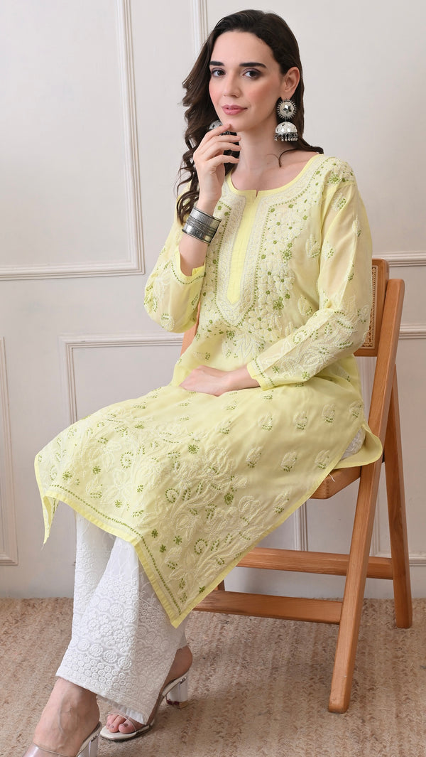 Lucknowi Chikankari Kurti Lemon Yellow Cotton