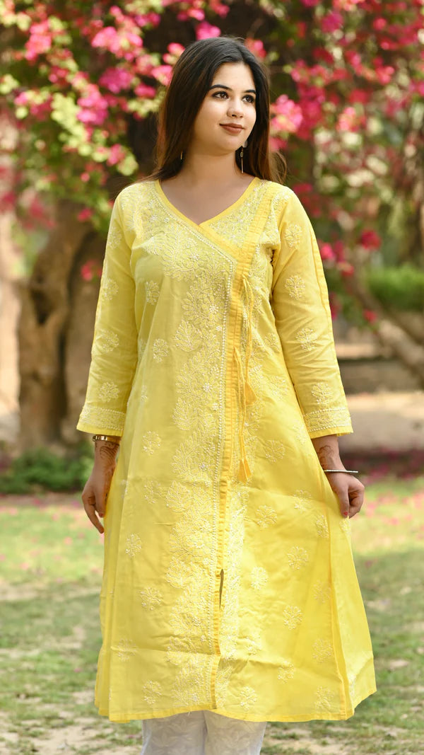 Lucknowi Chikankari Angrakha Kurti Yellow Cotton