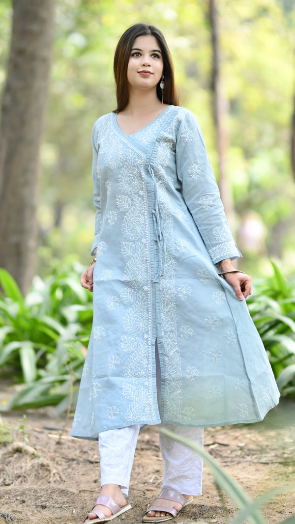 Lucknowi Chikankari Angrakha Kurti Cotton