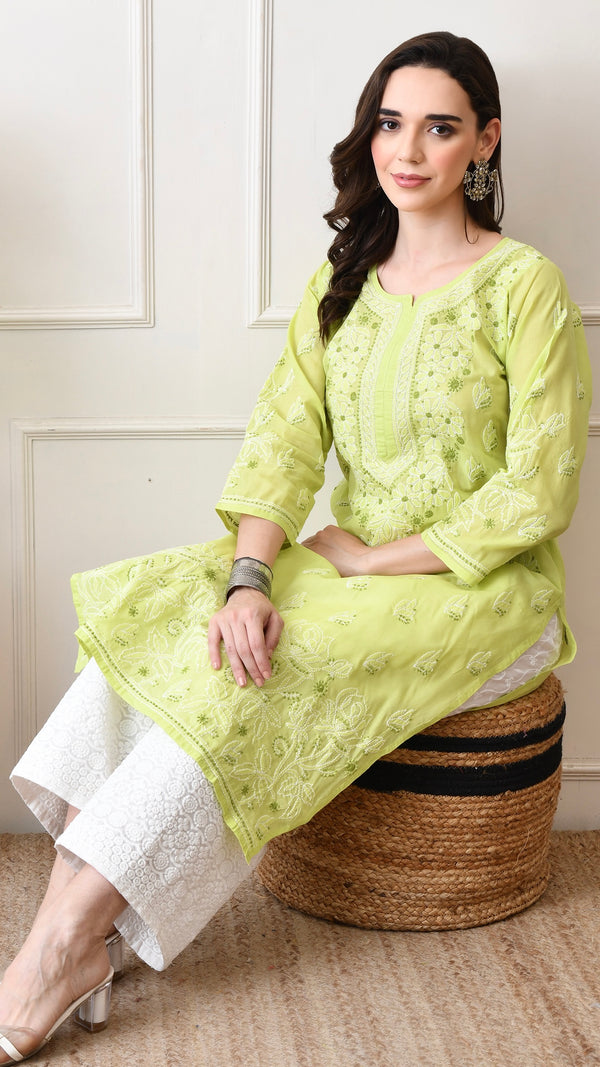 Lucknowi Chikankari Kurti Green Cotton