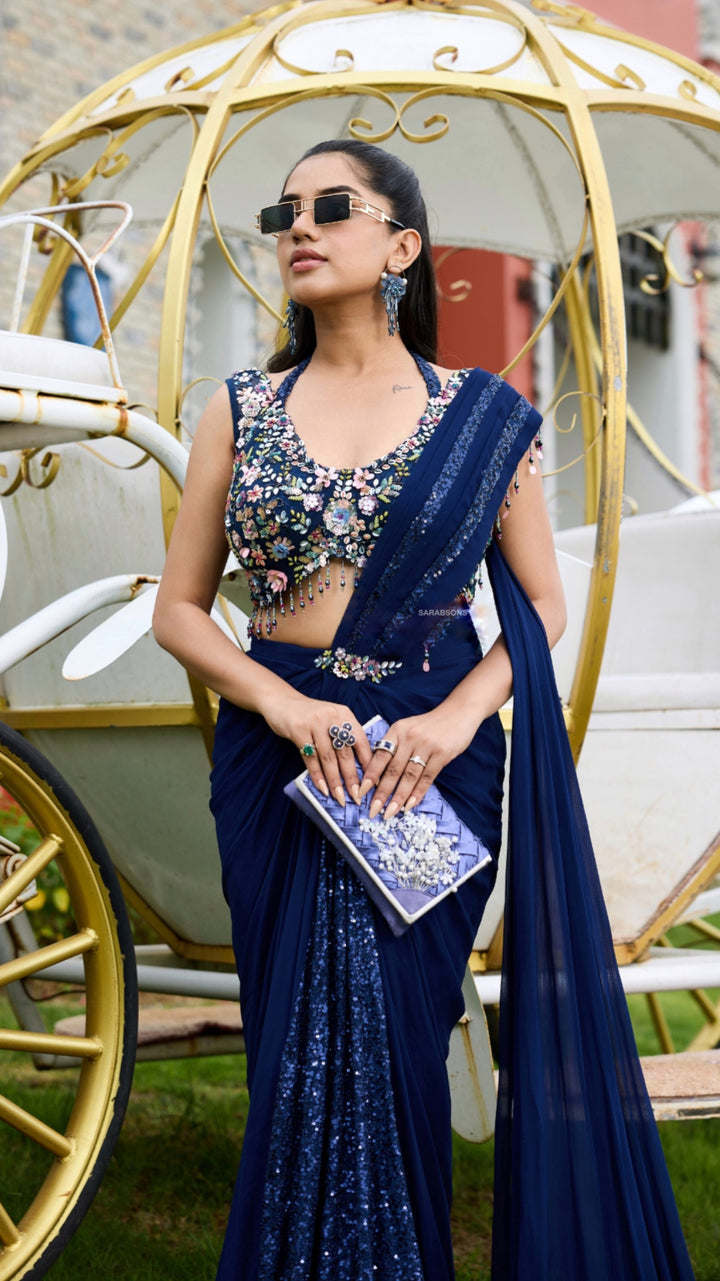 Deep Navy Blue Indowestern Ready To Wear Draped Saree