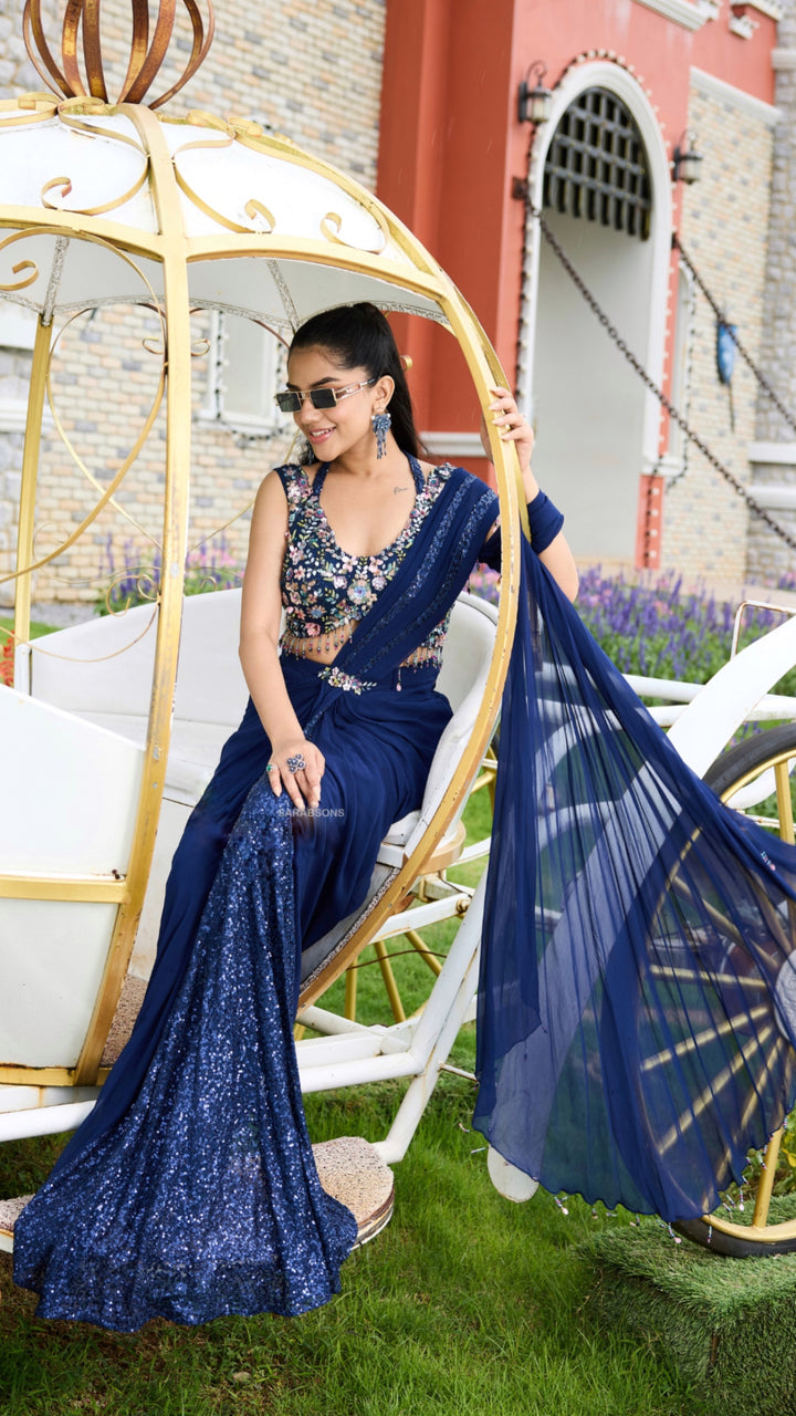 Deep Navy Blue Indowestern Ready To Wear Draped Saree