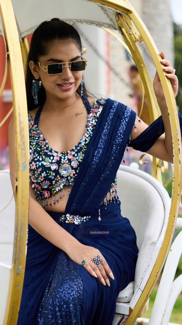 Deep Navy Blue Indowestern Ready To Wear Draped Saree