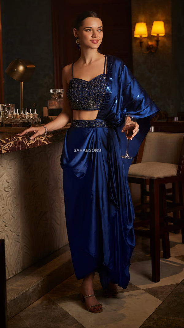 Deep Royal Blue Indo-Western Spaghetti Strap Ready-To-Wear Draped Saree with Belt
