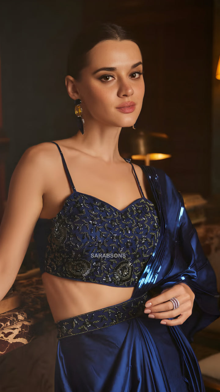 Deep Royal Blue Indo-Western Spaghetti Strap Ready-To-Wear Draped Saree with Belt
