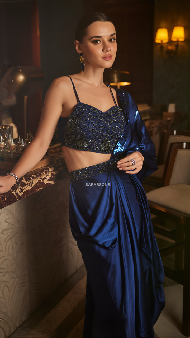 Deep Royal Blue Indo-Western Spaghetti Strap Ready-To-Wear Draped Saree with Belt
