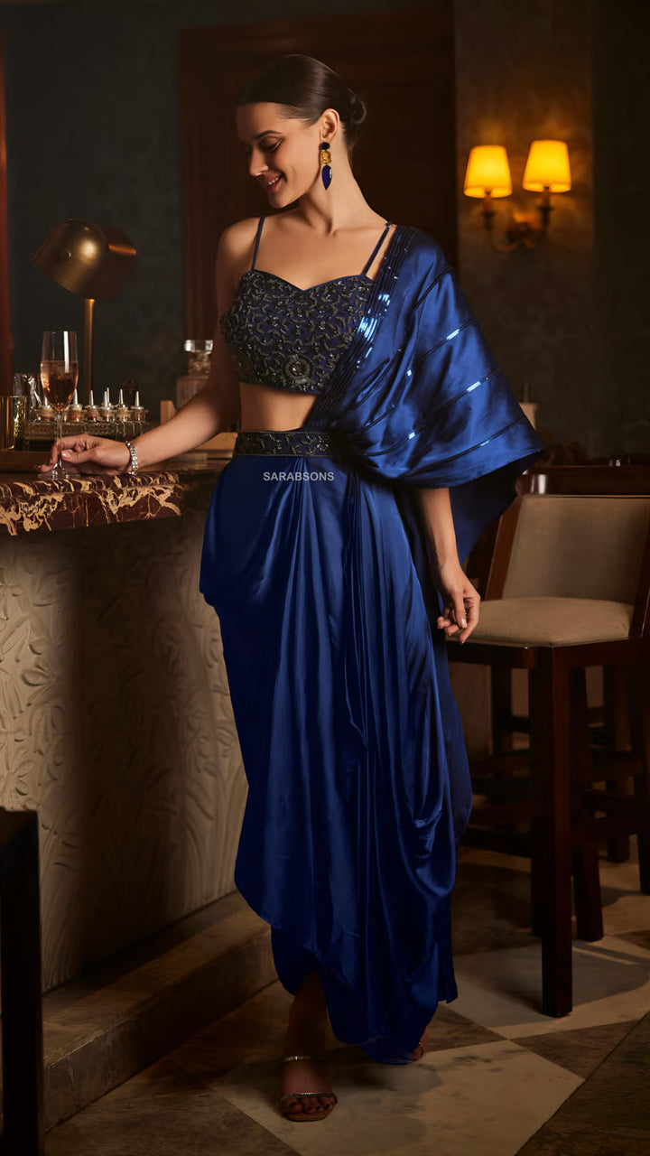 Deep Royal Blue Indo-Western Spaghetti Strap Ready-To-Wear Draped Saree with Belt
