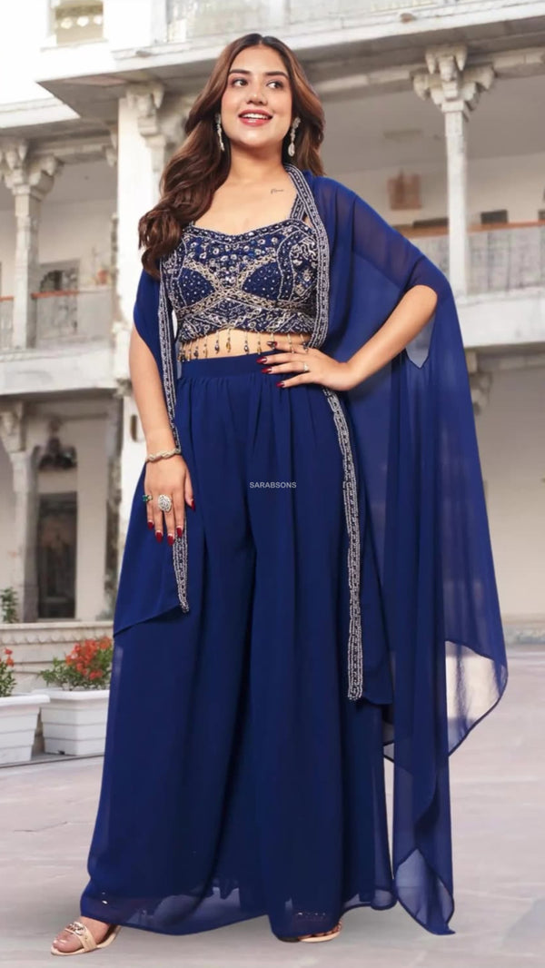 Deep Royal Blue Indowestern Strappy Crop Top Palazzo with Cape Set
