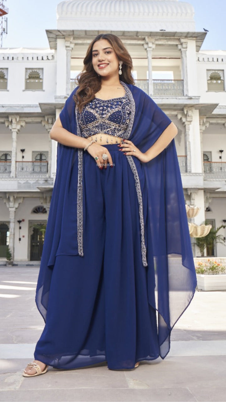 Deep Royal Blue Indowestern Strappy Crop Top Palazzo with Cape Set