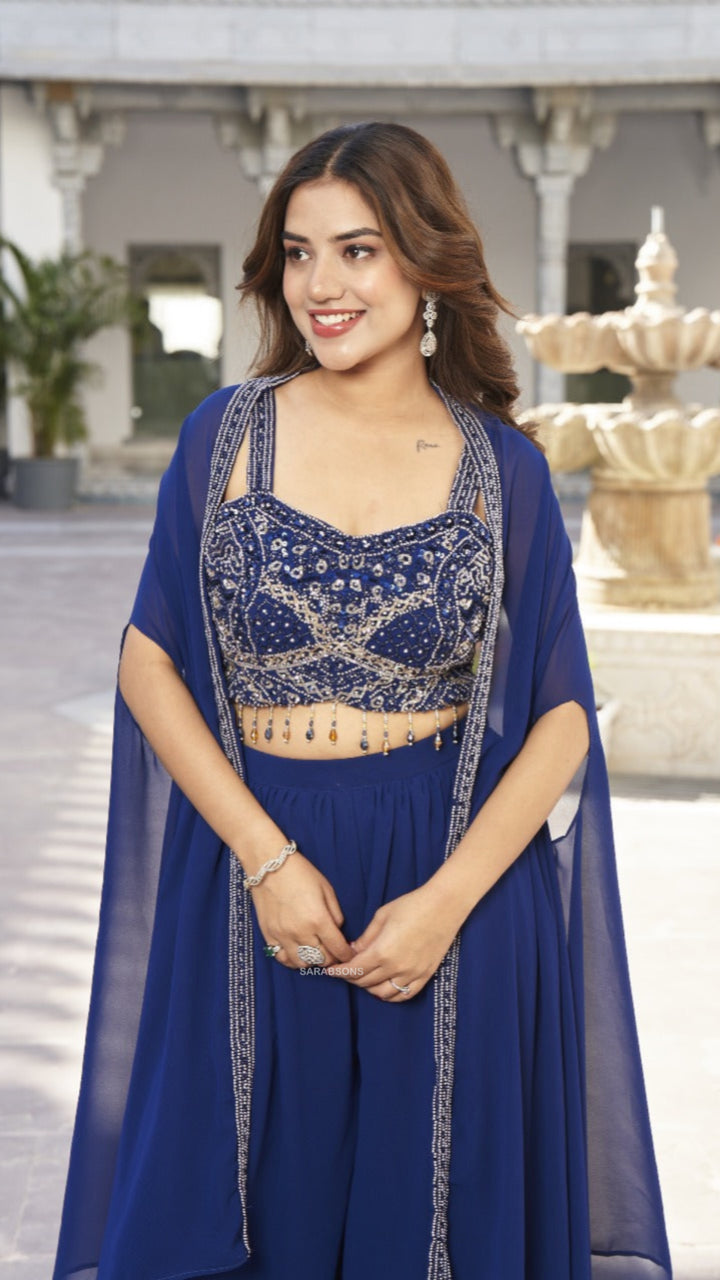Deep Royal Blue Indowestern Strappy Crop Top Palazzo with Cape Set