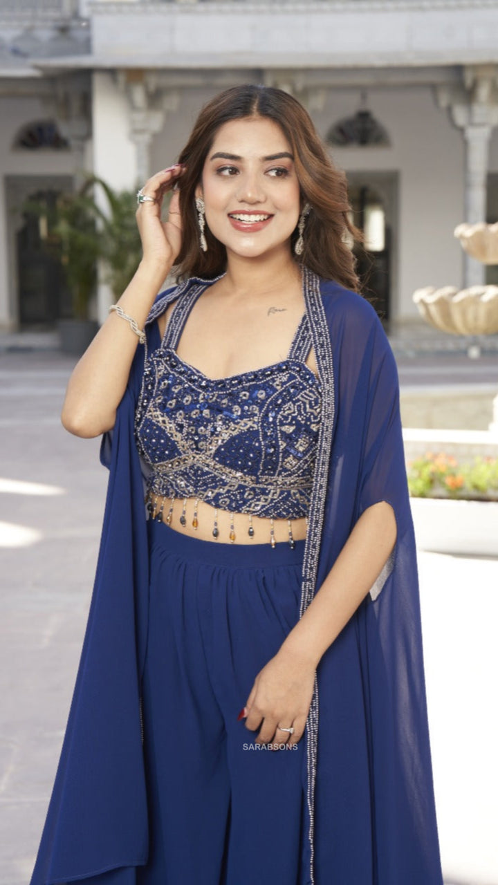 Deep Royal Blue Indowestern Strappy Crop Top Palazzo with Cape Set