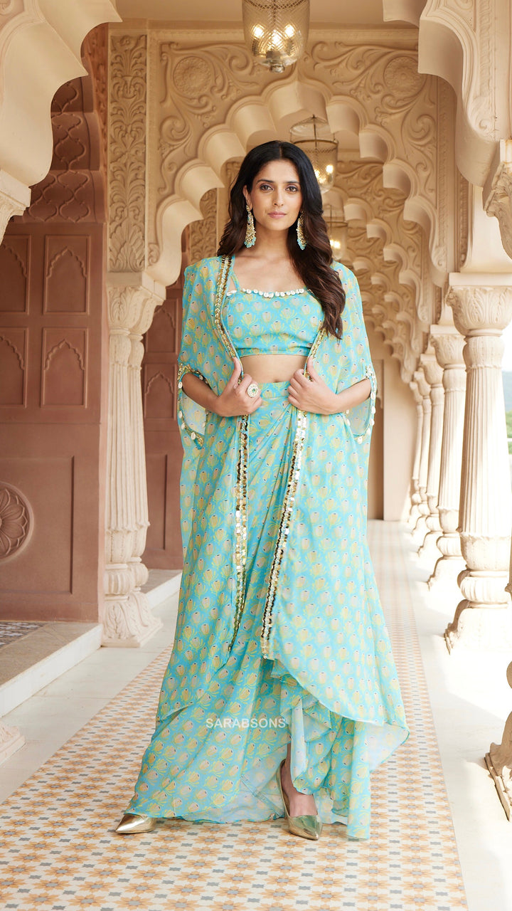 Firozi Printed Indo-Western Strappy Crop Top Dhoti Skirt with Cape