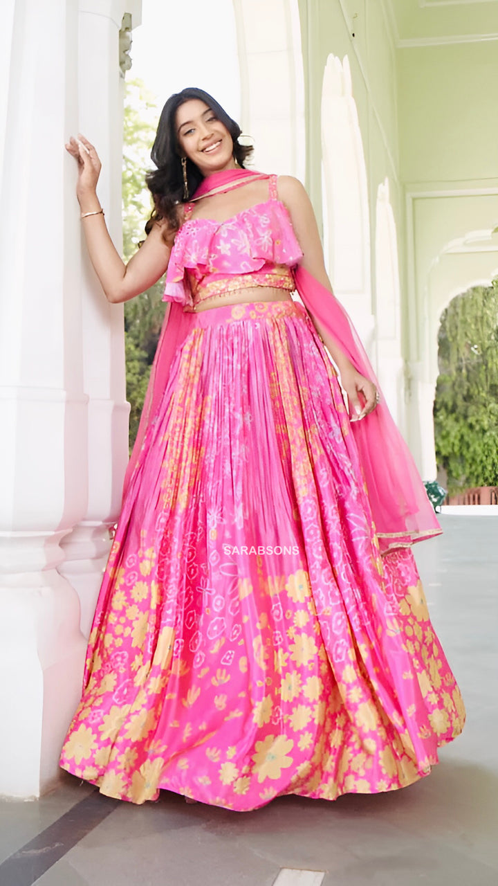 Pink Indo-Western Spaghetti Strap Crop Top Lehenga Set