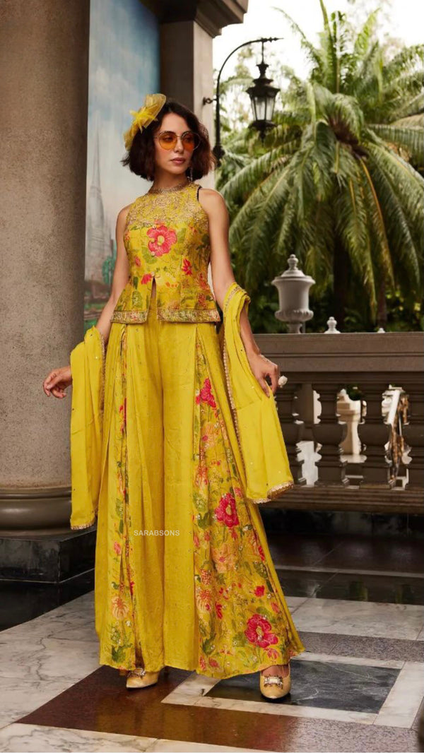 Yellow Indowestern Short Kurti Palazzo Set