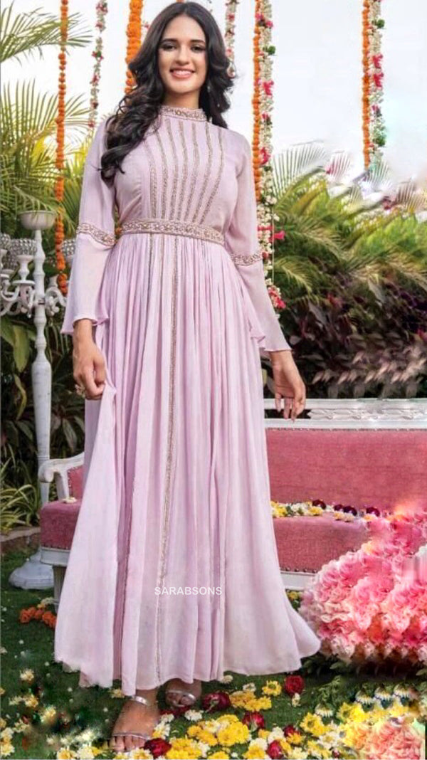 Lilac Indowestern One Piece Gown Dress with Belt