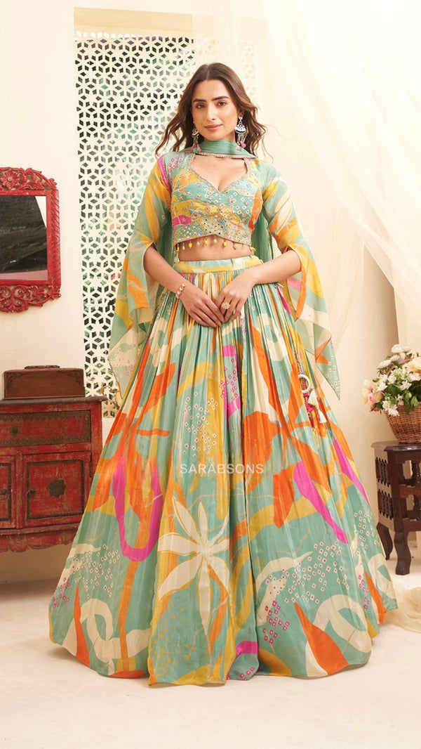 Green Indowestern Crop Top Lehenga