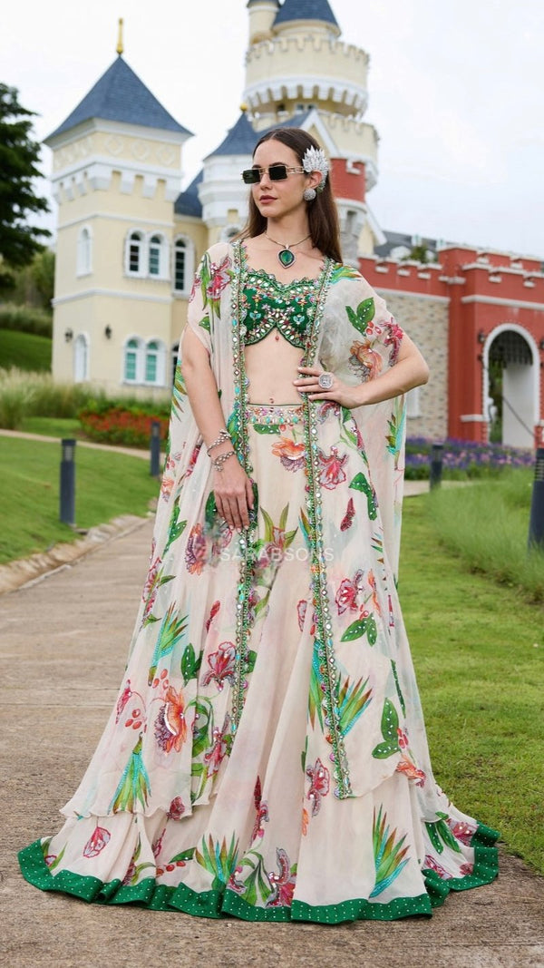 Green Indo-Western Crop Top Lehenga with Cape Set