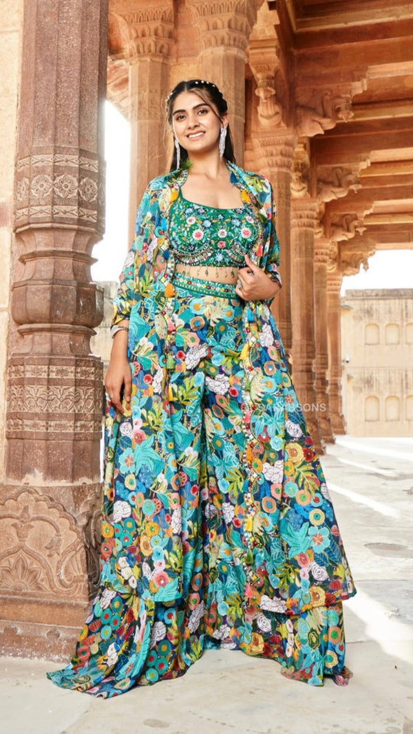 Green Tropical Printed Indo-Western Crop Top Palazzo Cape Set