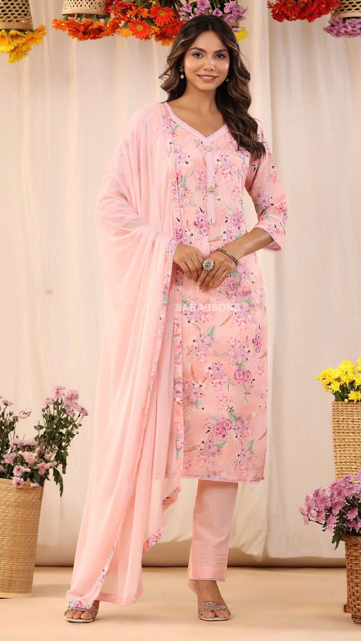 Pink Floral Printed Cotton Suit- Pants Set