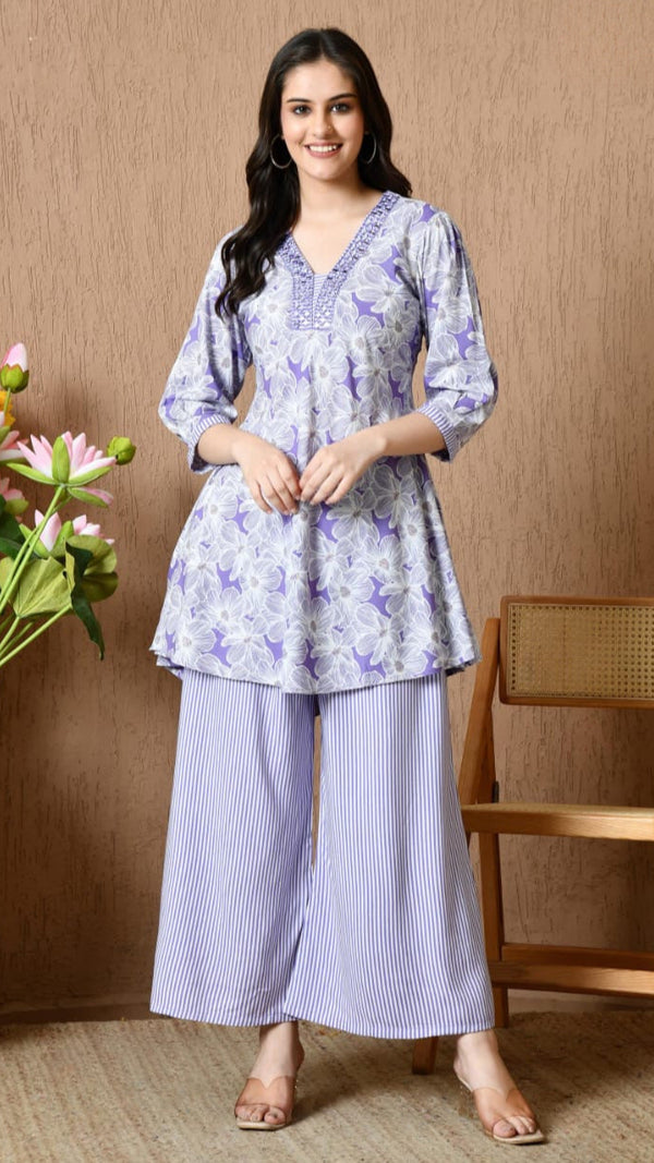 Purple Soft Cotton Embroidered Co-ord Set