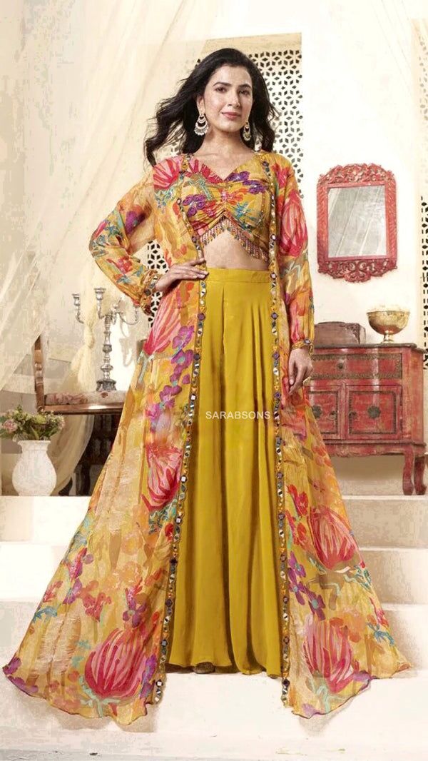 Yellow Indo-Western Crop Top Palazzo Shrug Set