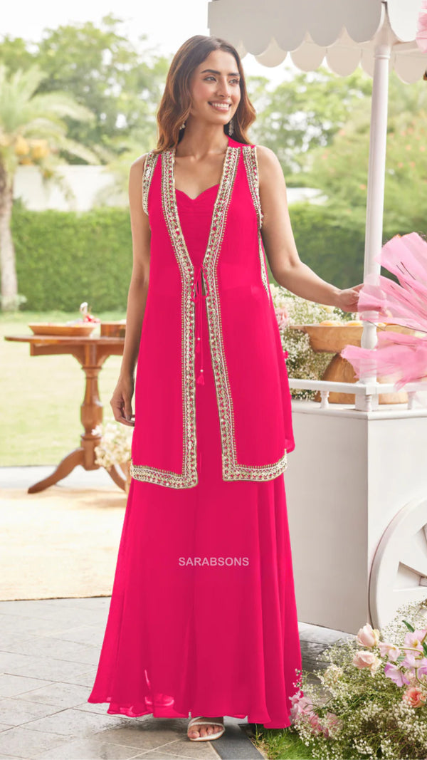Fuchsia Pink Indo-Western Crop Top Palazzo with Shrug Set
