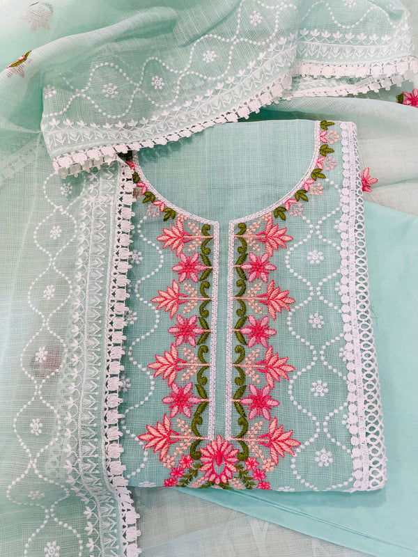 Designer Embroidered Suit Length 3 Piece Sea Green Kota with Parsi Work